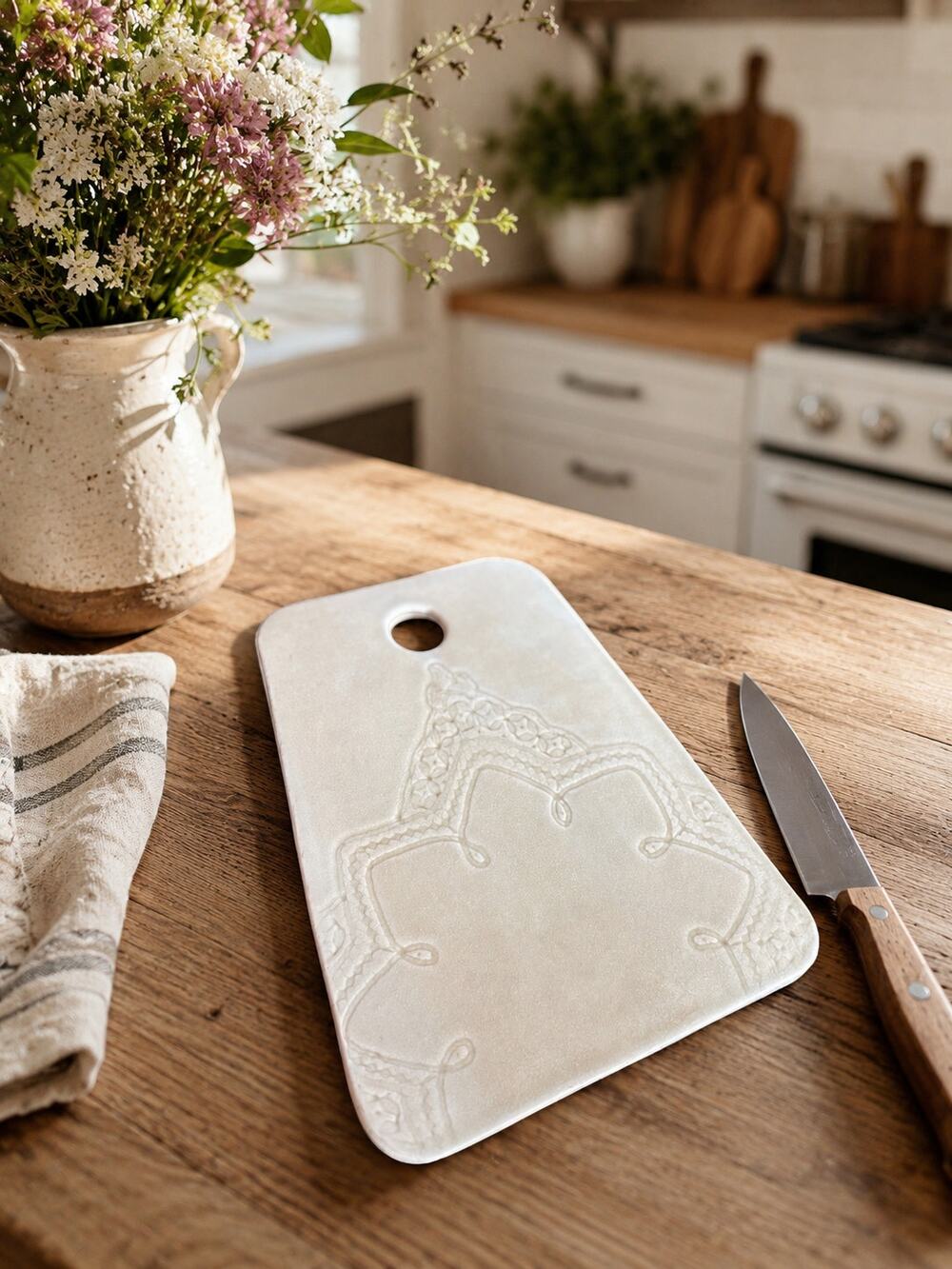 Handmade Studio TN Ceramic Cutting Board | Embossed Floral Kitchen Decor